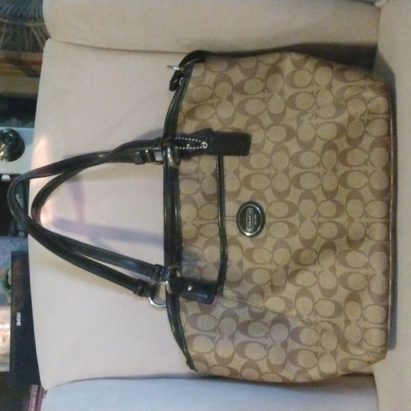 Coach Handbags - Coach | coated canvas tan brown logo print tote bag